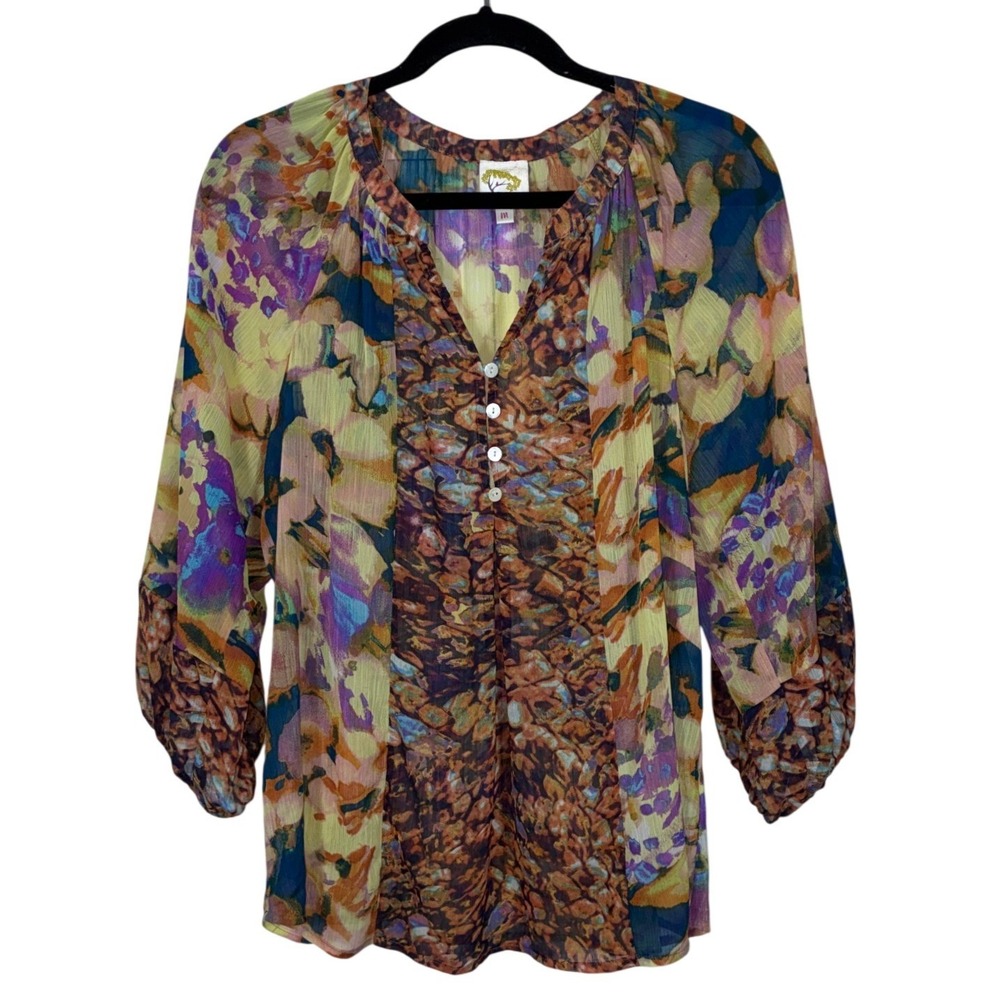 Fig & Flower Womens Floral Sheer Blouse Size M Multicolor Boho Whimsigoth Top